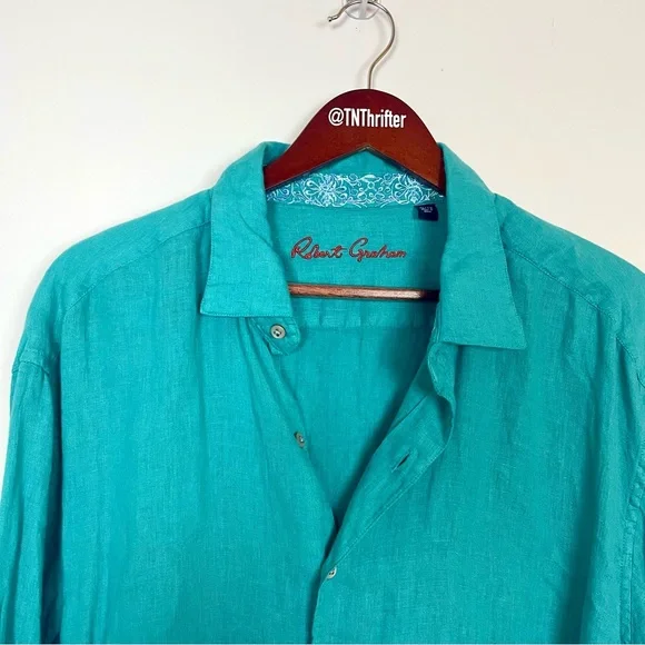 Robert Graham 100% Linen Embroidered Flip Cuff Blue Men's Button-Up Shirt Sz XL - Picture 6 of 16